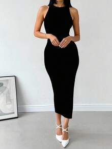 Vestido de Corte Largo Ajustado sin Mangas y Cuello Redondo para Mujer - Negro - Ver 1