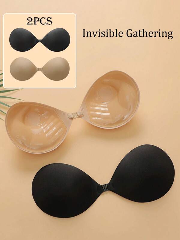 2 Pairs (Black + Nude) Backless Invisible Adhesive Silicone Bras, Sexy Cleavage Push Up Bra Cups For Strapless Dresses, Wedding Gowns, Small Bust, Bust Enhancers