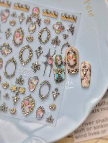 1 Sheet Metal Flower Frame Nail Art Stickers DIY Crystal Decoration Gothic Geometric Pattern Self Adhesive Slider Nail Charm Stickers - Multicolor - View 2