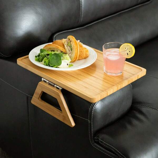 1pc Bamboo Fiber Sofa Armrest Tray Table, Made Of Non-Woven Viscose Material, Christmas Gift, Stable And Portable Tea Table Suitable For Narrow Spaces, TV Tray With Automatic Locking Mechanism, Perfect For Eating Meals And Snacks On The Sofa