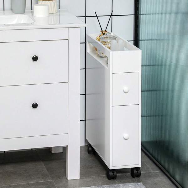 Mobiletto portaoggetti da bagno, mobiletto a nicchia con ruote, 2 cassetti e vani a giorno, carrello da bagno, bianco, 16 x 49,5 x 66 cm