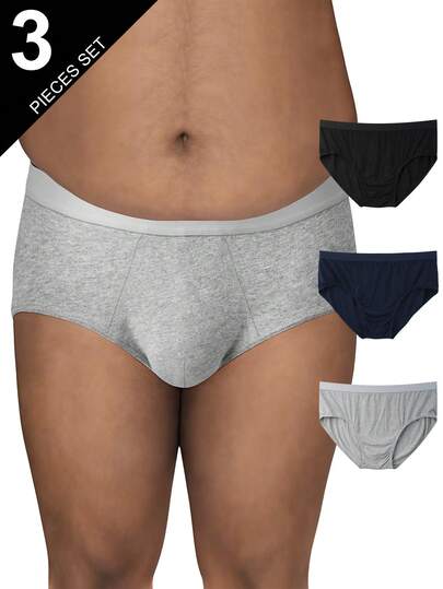 Norcotton 3pcs/Set Men's Solid Color Briefs, Modalfit Elastic Soft Everyday Sleepwear Underwear, High Waist