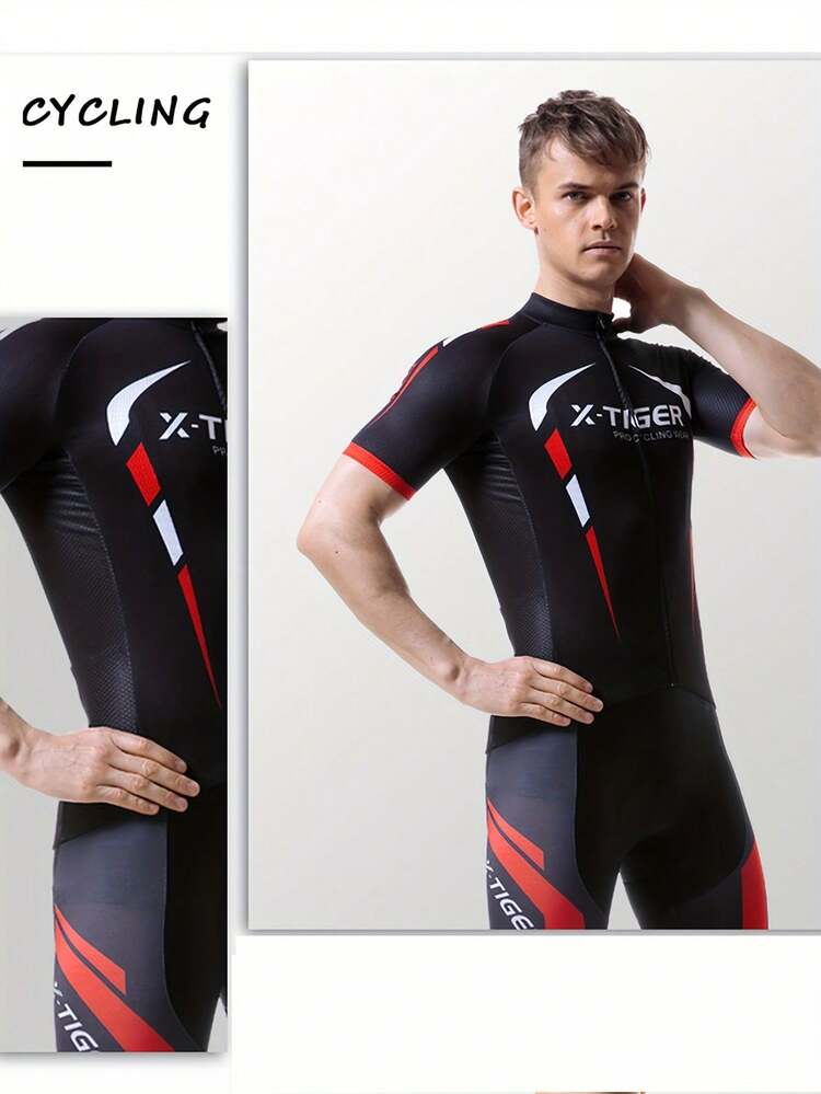 骑行服套装，男式短袖骑行服，骑行短裤，带 5D 加垫内裤，舒适透气吸湿排汗面料，3 口袋设计骑行服，下摆防滑 - 紅色 - 查看 2