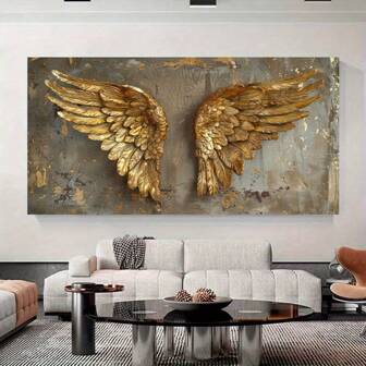 1 pieza, Arte en lienzo sin marco: Alas de ángel doradas con textura vintage, pósteres e impresiones, decoración de pared moderna con alas doradas para sala de estar y dormitorio, para uso interior, arte de pared interior | Alas de ángel doradas | Diseño de plumas detallado, decoración de pared