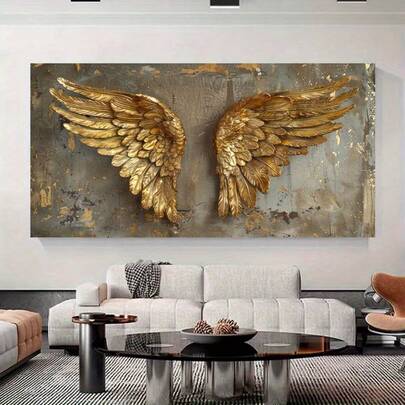 1 pieza, Impresiones planas 2D, Arte de lienzo sin marco, Pósteres y impresiones de alas de ángel doradas vintage, Decoración de pared de alas doradas modernas para sala de estar y dormitorio, Uso en interiores, Arte de pared de interiores | Alas de ángel doradas | Diseño detallado de plumas, Decoración de pared, Sin marco