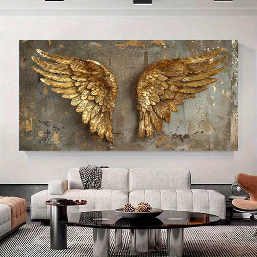 1 pieza, Impresiones planas 2D, Arte de lienzo sin marco, Pósteres y impresiones de alas de ángel doradas vintage, Decoración de pared de alas doradas modernas para sala de estar y dormitorio, Uso en interiores, Arte de pared de interiores | Alas de ángel doradas | Diseño detallado de plumas, Decoración de pared, Sin marco - Dorado - Ver 1