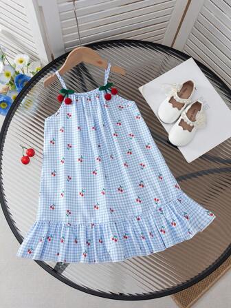 Young Girls Cute Cherry 3D Floral Strap Dress, Comfortable Versatile Princess Style Vacation Dress