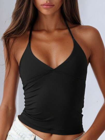 Budhaul Women Plain V-Neck Sexy Slim Streetwear Summer Back To School Vacation Party Club Going Out Camis Crop Top Colthes