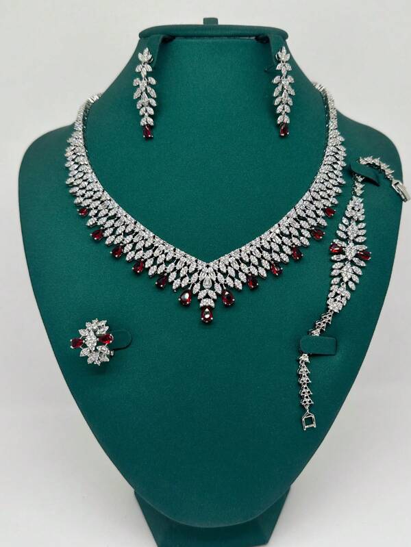 5 pièces/Set Ensemble de bijoux de mariage de luxe pour mariée, femme, fête - Collier, boucles d'oreilles, bracelet, bague, cubique zircone, bleu, blanc, noir, rouge. Idéal pour la fête des mères, la Saint-Valentin