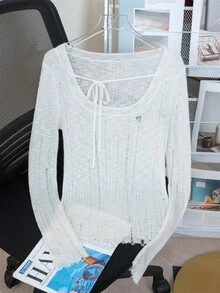 Apricot Oversized Crew Neck Slim Fit Ripped Knitted Top With Shoulder Cut-Outs, Tie Bow Design, Long Sleeve Cover Up Shawl Jacket For Women, Sun Protection - Apricot - View 5