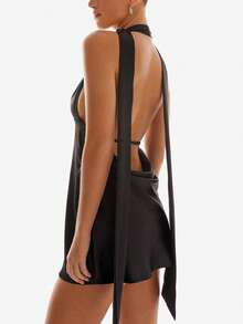Women's Sleeveless Halter Backless Mini Dress Deep V Neck A-Line Casual Party Short Dresses,With Scarf - Black - View 2