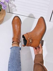 女士时尚舒适尖头/粗跟/拉链踝靴，新款秋冬中跟靴 - 咖啡棕 - 查看 4