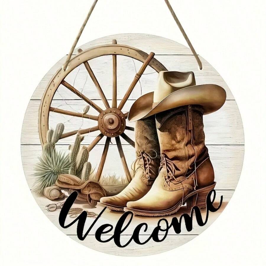 [1pc Rustic Cowboy Sign] Rustic 1pc Cowboy Welcome Sign | Round Wooden Wall Decor With Cowboy Boots, Cactus & Lasso Design, Ideal For Porch & Home, Charming Country Style Gift, Cowboy Hat