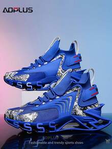 AoPlus Athletic Running Shoes, Mesh Knit Design, Royal Blue With White Pattern, Geometric Sole - Royal Blue - View 3