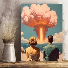 Póster de lona con marco retro de pareja, arte de lona - Escena de nube rosa vibrante y bomba atómica, para sala de estar, dormitorio, cocina o baño, impresión de lona premium con diseño artístico de alta calidad y arte de pared humorístico - Enmarcado - Ver 2
