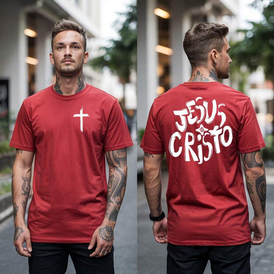 Men's Slim Cross Jesus Christ Round T-Shirt Shirt - 紅色 - 查看 1