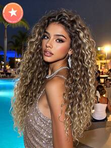 13*3.5 高清蕾丝前假发 22 英寸棕色渐变卷曲合成发 - 中分/侧分波浪假发，优雅自然发际线，柔软，适合日常、角色扮演、派对万圣节服装