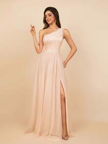 MOEVIO One-Shoulder Lace & Mesh A-Line Split Thigh Backless Long Formal Evening Party Dress, Chic Graduation Dress, Prom Dresses For Women, Wedding Guest Dresses Ladies, Birthday Women Outfits, Fall Modest Dresses For Women - Coral Pink - View 5