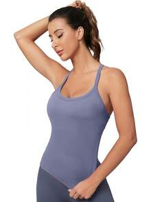 Workout Tops Women With Built In Bra, Sleeveless Gym Tops Seamless Racerback Athletic Yoga Shirts, Activewear - 藍色 - 查看 8