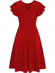 Women's Semi-Formal Ruffle Sleeve V-Back Work Fit And Flare Cocktail Knee Length Dress With Pockets, 2025 Style - 紅色 - View 4