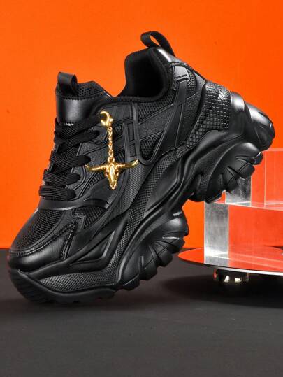 Women's Fashion Casual Sport Shoes, Punk Metal Ox Head Decoration Chain Pendant Shoes Accessories, Dark Style Sport Shoes With Breathable Mesh Upper,Lightweight Shock Absorbing Sole, Round Toe Lace Up Casual Shoes For College Students, Teens, Daily, Date, Fitness, Office. 7CM Platform Chunky Heel High Top Outdoor Casual Sneakers, All Season Black High Heels