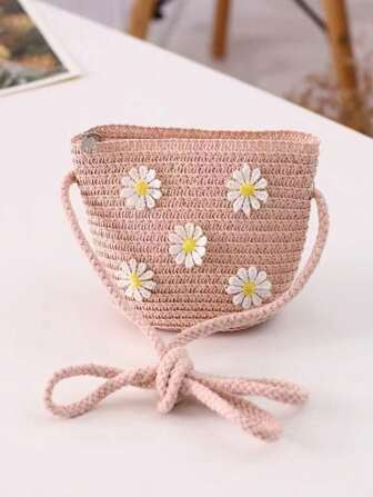 1pc Kids Cute Straw Daisy Shoulder Crossbody Bag, Suitable For Daily Outings