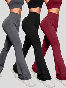 2PC/3pc Spring And Autumn Women's Sports Leggings, Casual Yoga Pants, Portable Double Pocket Women's Wide Leg Pants, Suitable For Yoga, Sports, Gym, Outdoor, Very Good Choice Of Women's Sports Pants - 彩色 - 查看 2