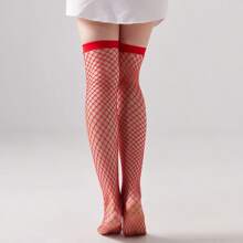 1 paire de chaussettes hautes rouges élastiques pour femmes, chaussettes montantes convenant pour les sorties et les fêtes
