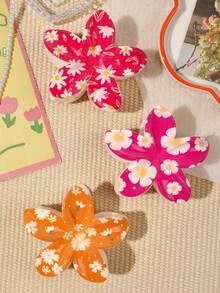 3 件套 ABS 雏菊 UV 印花花卉发夹，清新波西米亚风发夹，适合假日和夏季，橙红色时尚发饰花爪夹波西米亚风发夹 - 彩色 - 查看 4