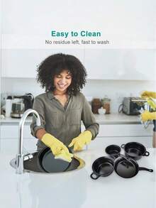 Juego de ollas y sartenes antiadherentes, set de utensilios de cocina de 13 piezas, incluye cacerolas, sartenes y accesorios, revestimiento resistente, distribución uniforme de calor, fácil de limpiar, adecuado para todo tipo de estufas - Negro - Ver 8