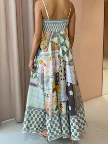 Women's Printed Camisole Dress With Thin Straps And Open Back - 灰色 - 查看 7