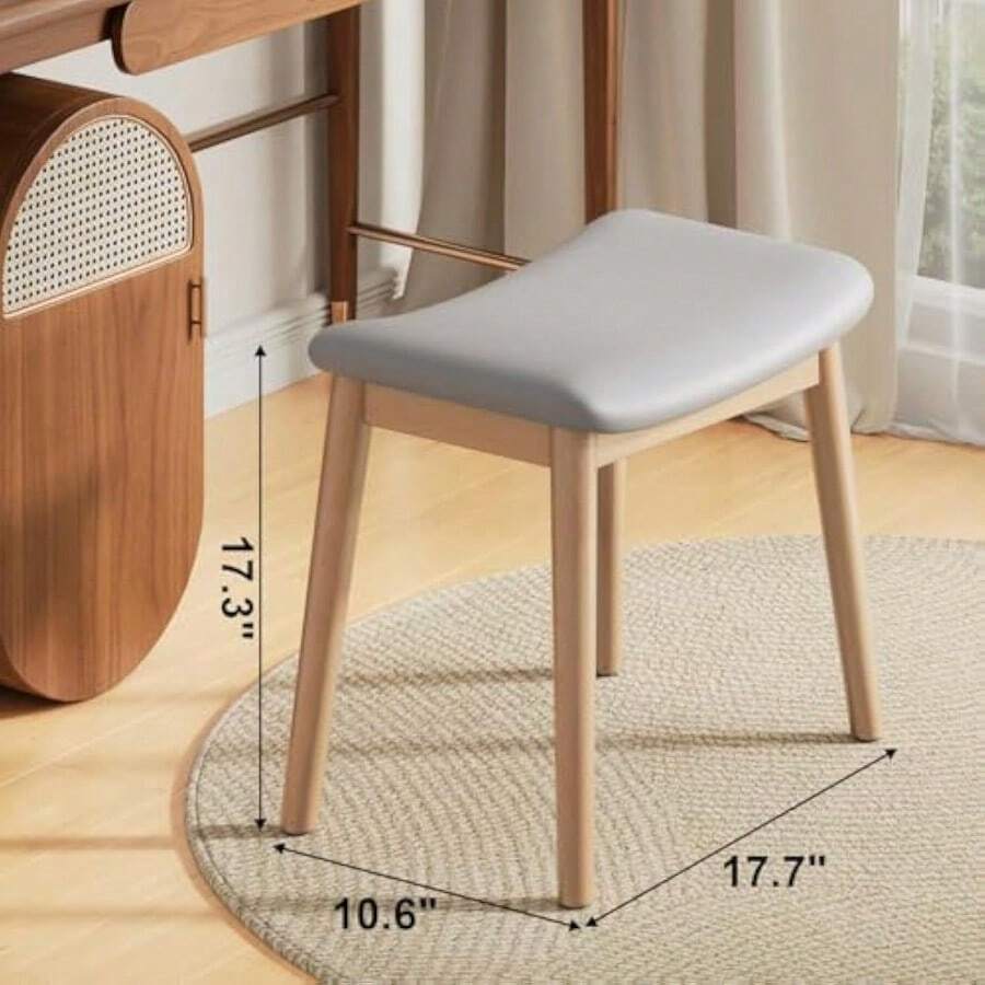 Vanity Stool Chair, Cute Vanity Beech Seat, Solid Wood Ottoman Foot Rest Stool, 17 Inch Makeup Chair For Vanity, Small Stools For Decor, Silla Para Vanity De Maquillaje, Natural/Gray Leather - 沒有任何 - 查看 1