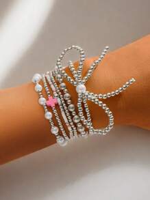 6pcs Women's Faux Pearl Bowknot, Resin Heart & Round Beaded Bracelet Set, Elegant For Party Wear