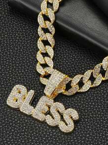 1pc Punk Rock Cuban Link Necklace For Men & Women - Shiny BLESS Pendant With Rhinestone Accents, Golden-Tone Chain, Unisex Hip Hop Jewelry Gift For Birthday, Mother's Day, Father's Day