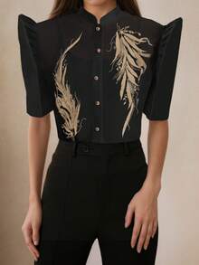 Amyenjoylife 现代菲律宾风情衬衫，蝴蝶袖立领印花泡泡袖，春夏款 - 黑色 - 查看 5