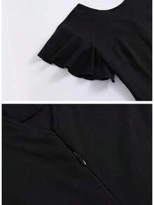 Vestido de cóctel de longitud hasta la rodilla con bolsillos, manga con volantes y escote en V en la espalda, estilo de trabajo ajustado y acampanado, para mujer, estilo 2025 - Albaricoque negro - Ver 4