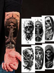 6pcs Large Black Forest Wolf Skull Temporary Tattoo Stickers, Suitable For Men & Women Adult Arm Tiger Skeleton Fake Tattoo Design,Sketch Style,Halloween Costume - Black - View 3