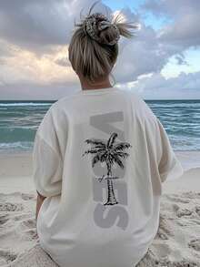 Plus Size Women's Casual Vacation Round Neck Short Sleeve T-Shirt With Palm Tree Slogan Print Women's Tops - White - View 5