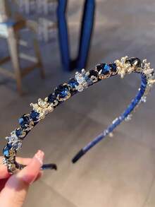 1pc Elegant Handmade Beaded Vintage Luxurious Deep Sea Blue Rhinestone Headband, Sophisticated French Style For Party, Hairband Headband For Women, Hair Accessories, Hair Hoop Head Accessories - Blue - View 3