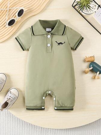 婴儿男孩恐龙印花纯色翻领纽扣连体衣，新颖服装，可机洗