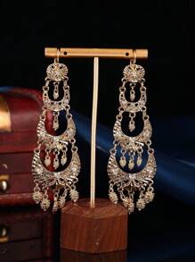 1 Pair Multilayered Earrings For Women, With Hollow Carving And Tassel Pendant Decor, Moroccan Jewelry Accessories