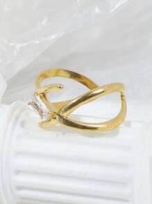 1pc Elegant & Feminine Stainless Steel Plated Gold Ring With Pearl, Crystal & Geometric Line Decor, Suitable For Women's Everyday Wear, Casual Gatherings With Friends