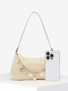 1pc Women's Vintage Resort Ocean Creature Faux Pearl Woven Crossbody Bag, Suitable For Dates, Outings, Vacations