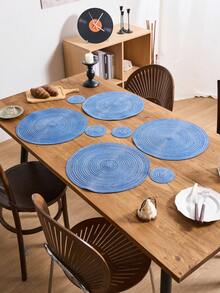 1/4/6/12 件纯色编织圆形餐垫，北欧现代风格，家居厨房桌面装饰碗盘锅杯防滑垫，适用于节日派对生日婚礼晚宴（多种尺寸选择） - 藍色 - 查看 5