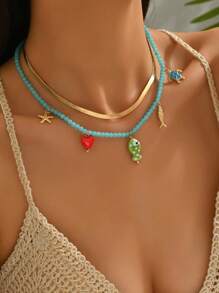 1pc Fashionable Beaded Starfish & Snake Chain Necklace Set, Casual To Party Jewelry For Women