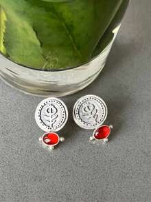 2 件复古宝石耳环，复古几何雕刻仿石榴石金属仿古银耳环耳钉，适合女士，搭配日常服装和派对配饰 - 復古銀色 - 查看 9