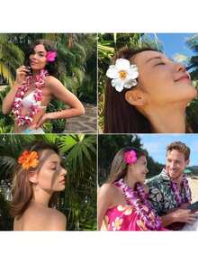 4 件/套浴室发饰夏威夷花发夹，4 件/3.5 英寸人造花发夹，波西米亚风格芙蓉花发夹，适合度假、海滩、派对、秋季装饰女孩热带花发饰，节日礼物