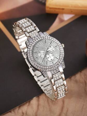 1 件女士休闲优雅星光水钻装饰腕表（带手链）