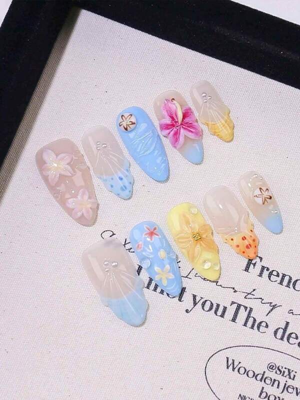 10pcs 3D Handmade Carved Reusable Press-On Nails, Short/Medium Length French Manicure Style, High-End With 1pc Gel Polish And 1pc Nail File, Suitable For Women And Girls, Daily, Office, Party