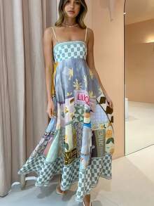 Women's Printed Camisole Dress With Thin Straps And Open Back - 灰色 - 查看 6